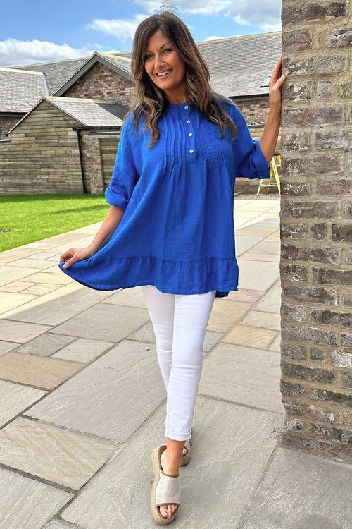 Dawsmere Button Linen Top Cobalt