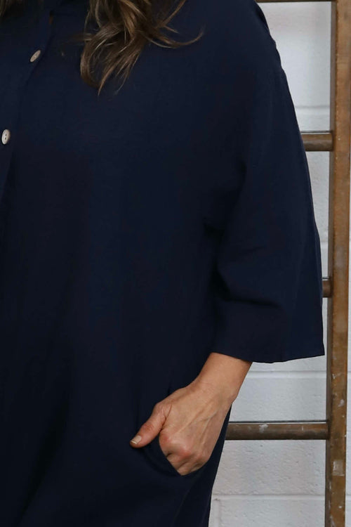 Sienna Button Linen Dress Navy - Image 3