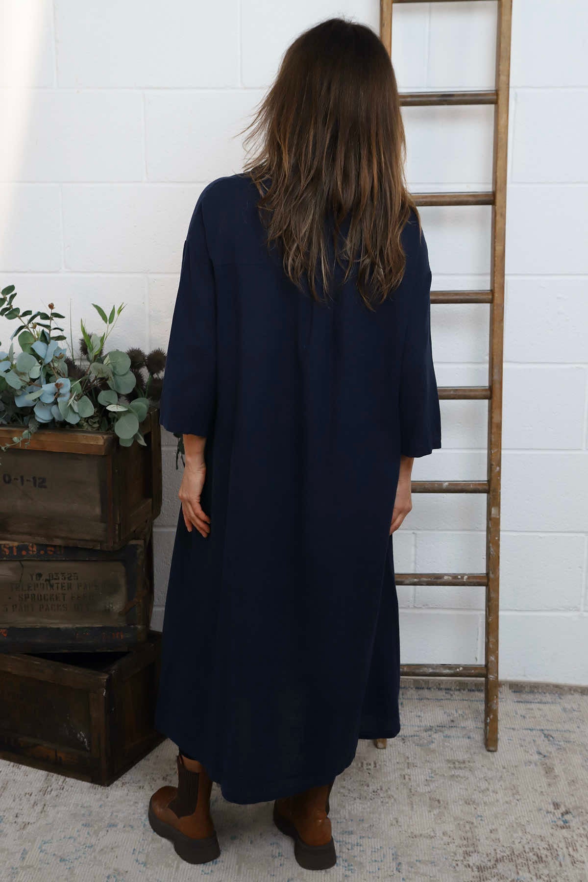 Sienna Button Linen Dress Navy