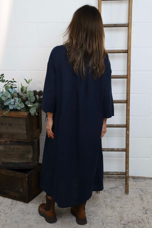 Sienna Button Linen Dress Navy - Image 4