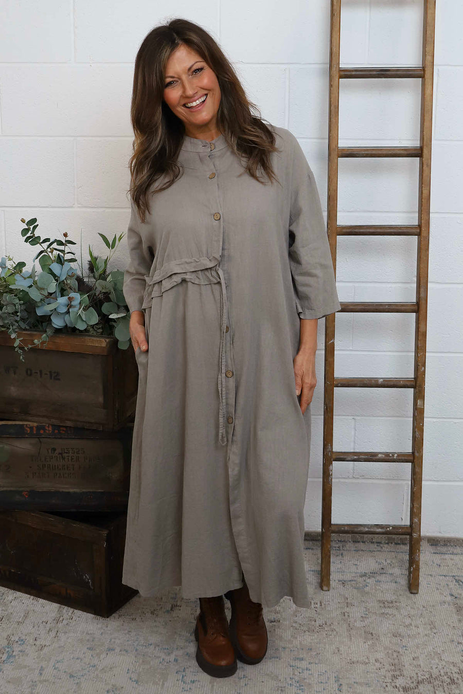 Mocha Sienna Button Linen Dress UK | Made In Italy