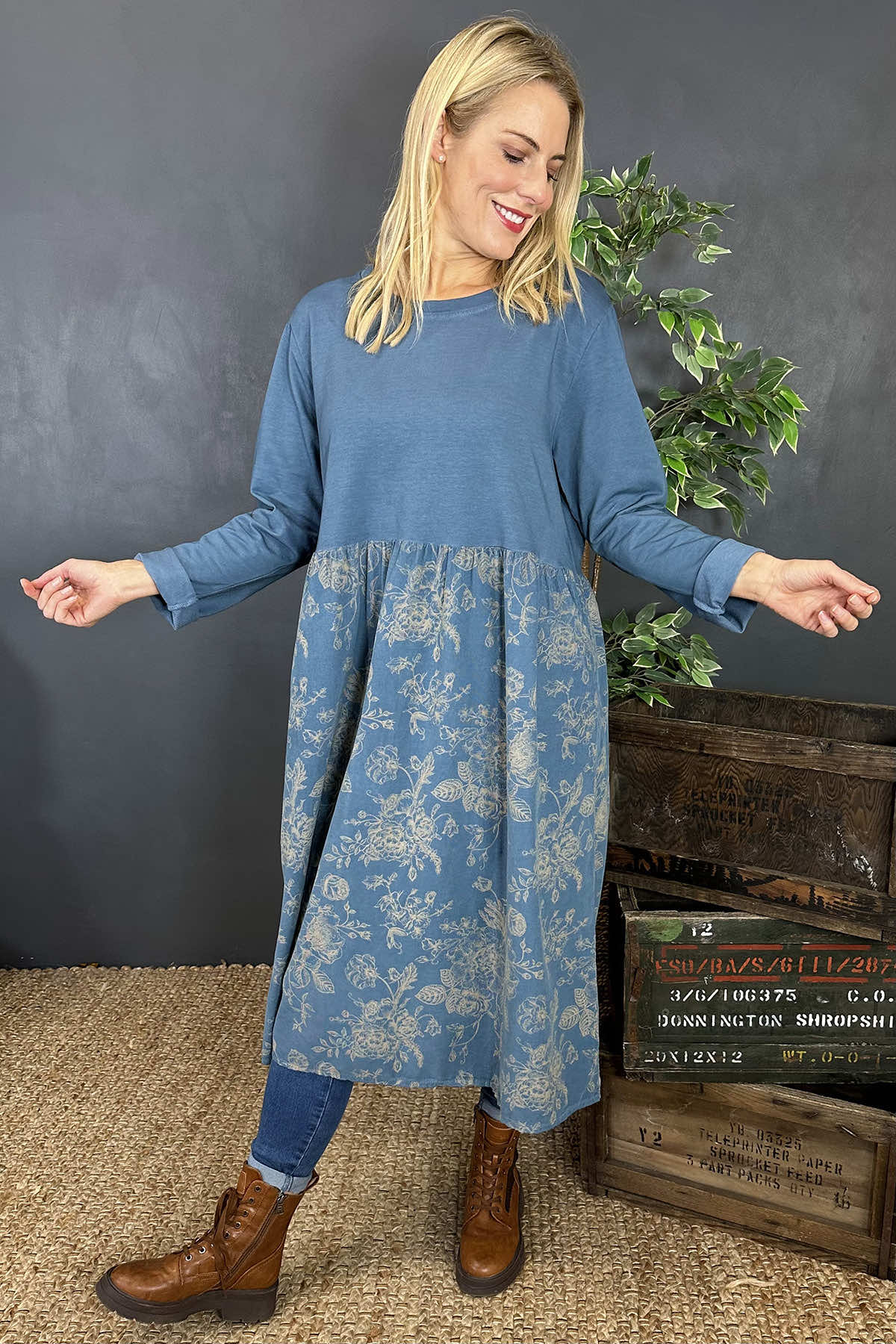 Jillian Print Cotton Dress Blue