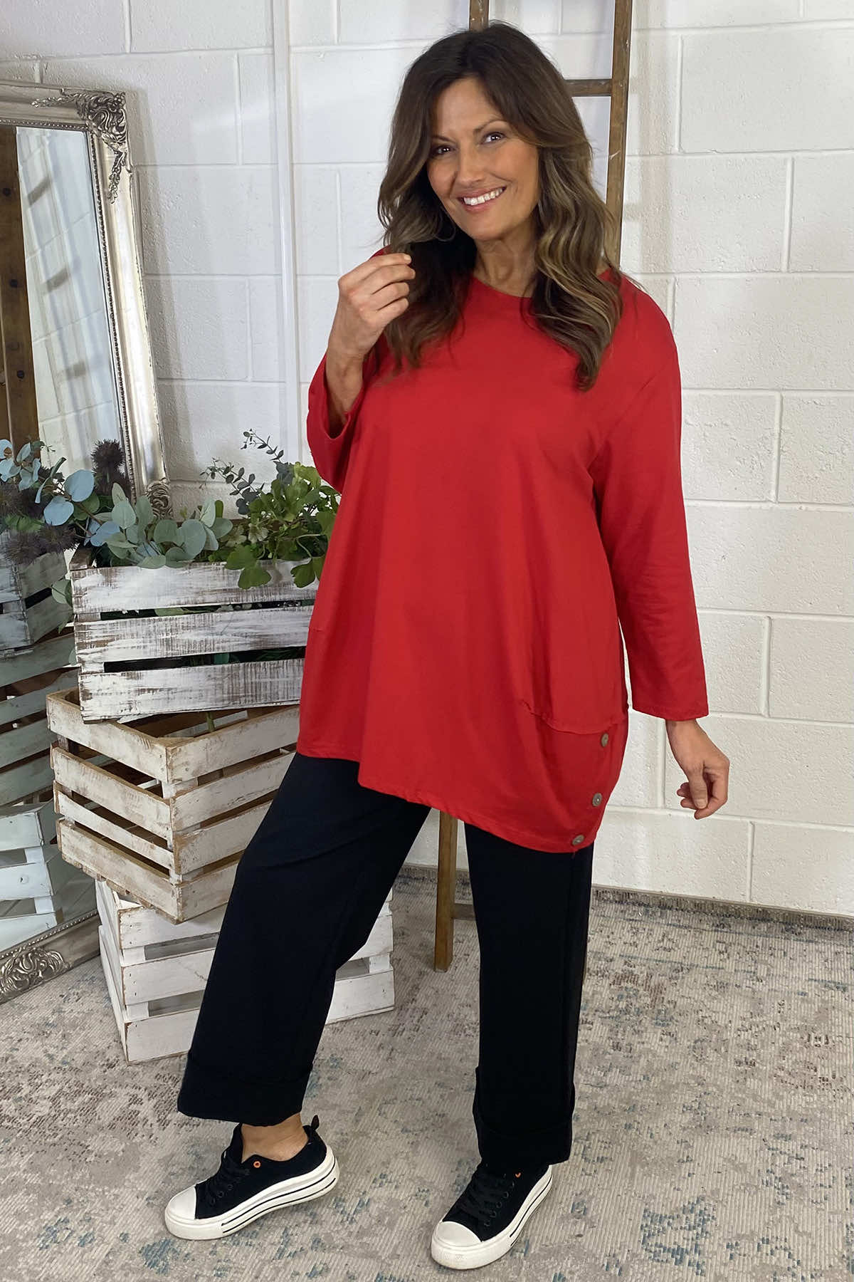 Georgia Button Cotton Top Red