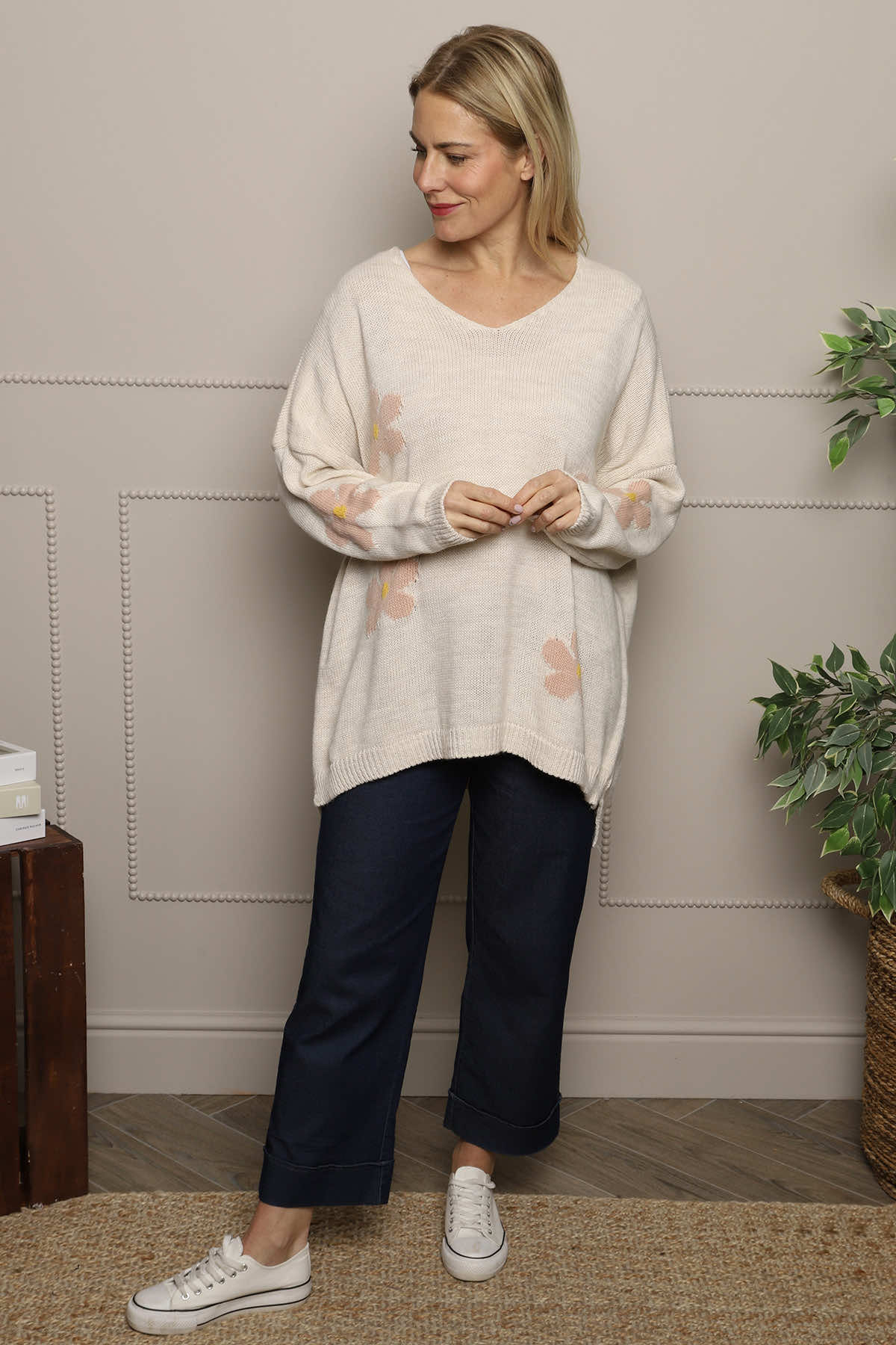 Valerie Botanical Knitted Jumper Stone