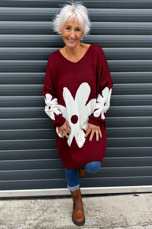 Joan Flower Knitted Jumper Dress Wine - Image 1