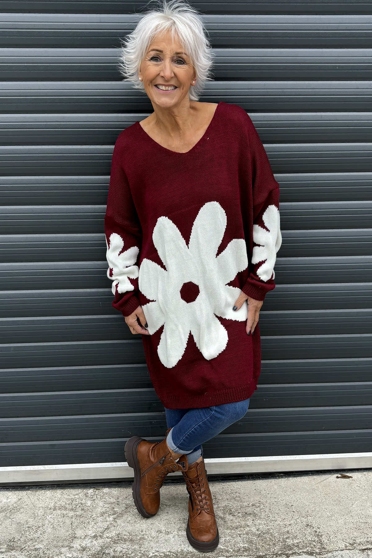 Joan Flower Knitted Jumper Dress Wine