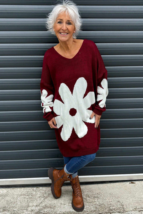 Joan Flower Knitted Jumper Dress Wine - Image 2