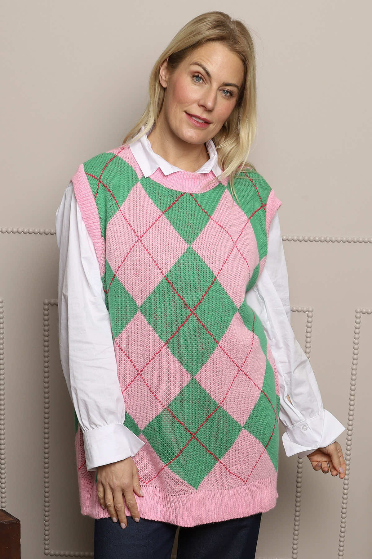 トップス LAD MUSICIAN LINEN KNIT ARGYLE VEST Pink Theresa Argyle Knitted Vest | Made In Italy | Kit and Kaboodal