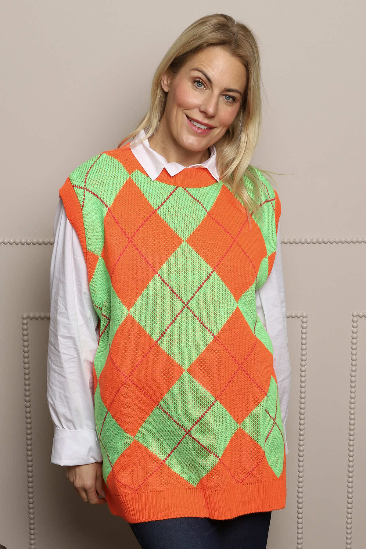 Orange Theresa Argyle Knitted Vest | Made In Italy | Kit and Kaboodal