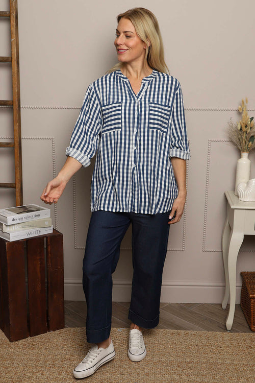 Jaynie Gingham Tie Front Shirt Navy - Image 3