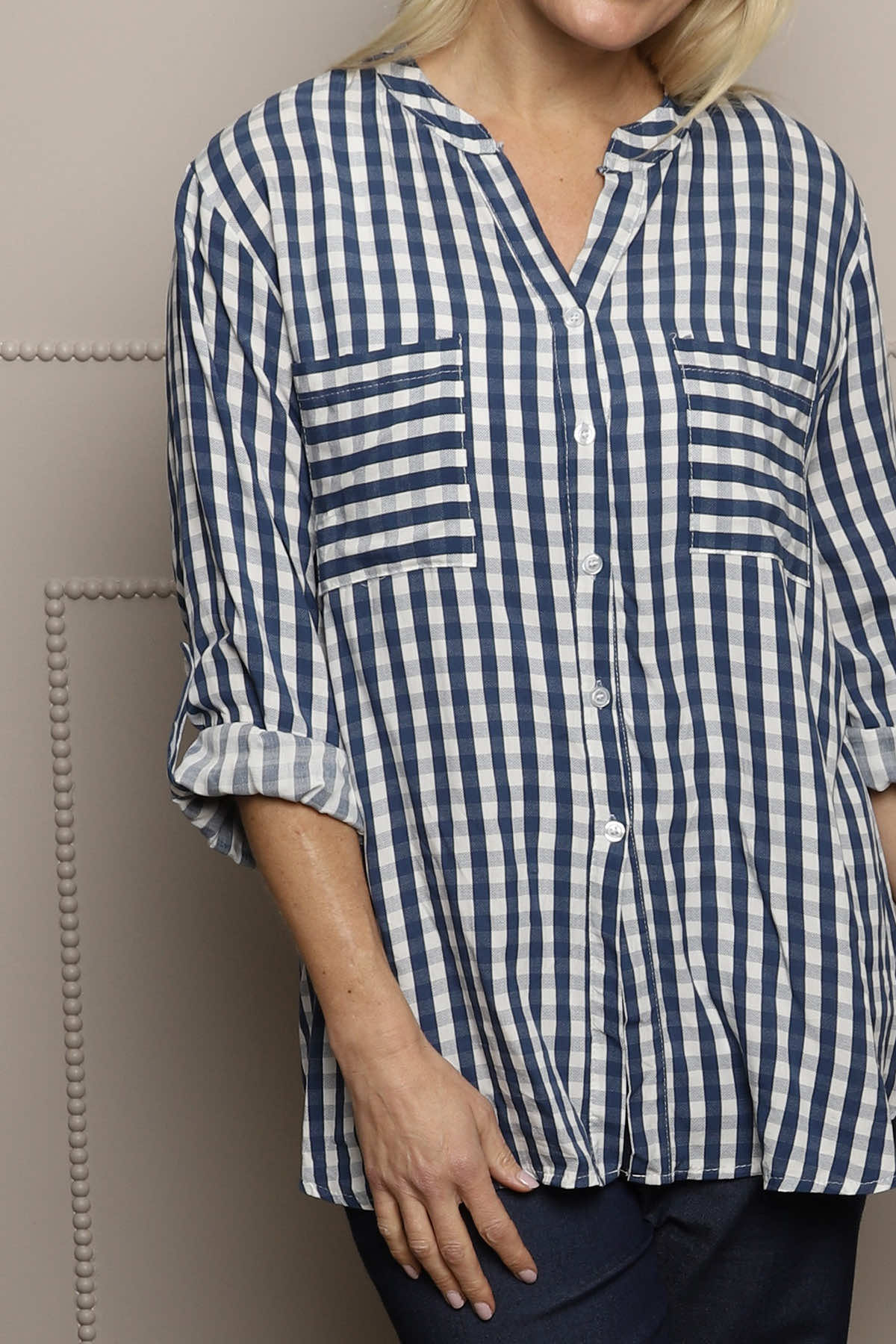Jaynie Gingham Tie Front Shirt Navy