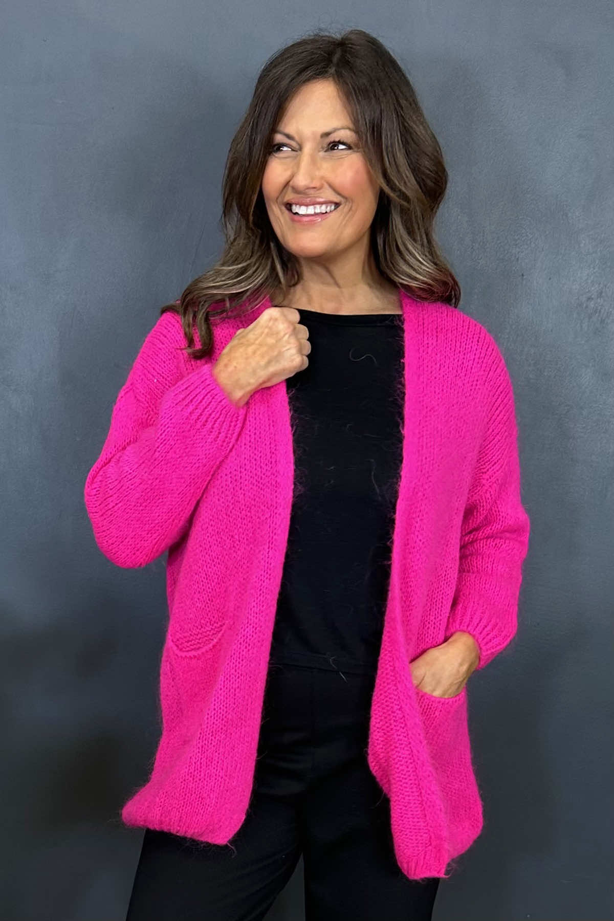 Spencer Knitted Pocket Cardigan Fuchsia