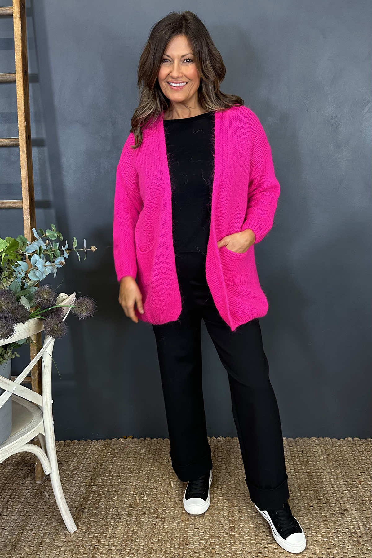 Spencer Knitted Pocket Cardigan Fuchsia