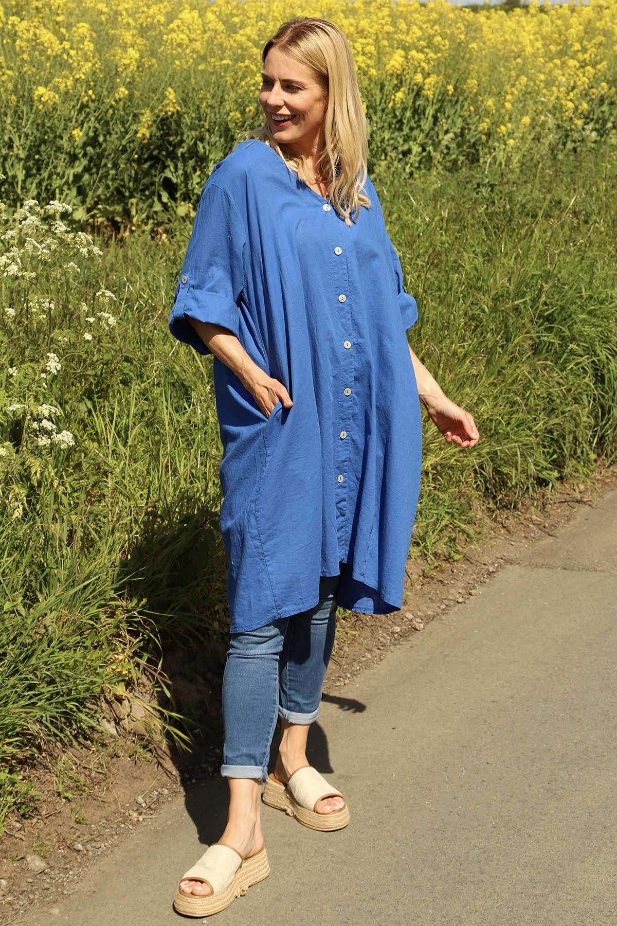 Alicia Button Linen Jacket Cobalt