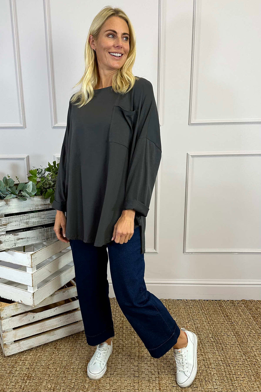 Hollie Pocket Cotton Top Charcoal