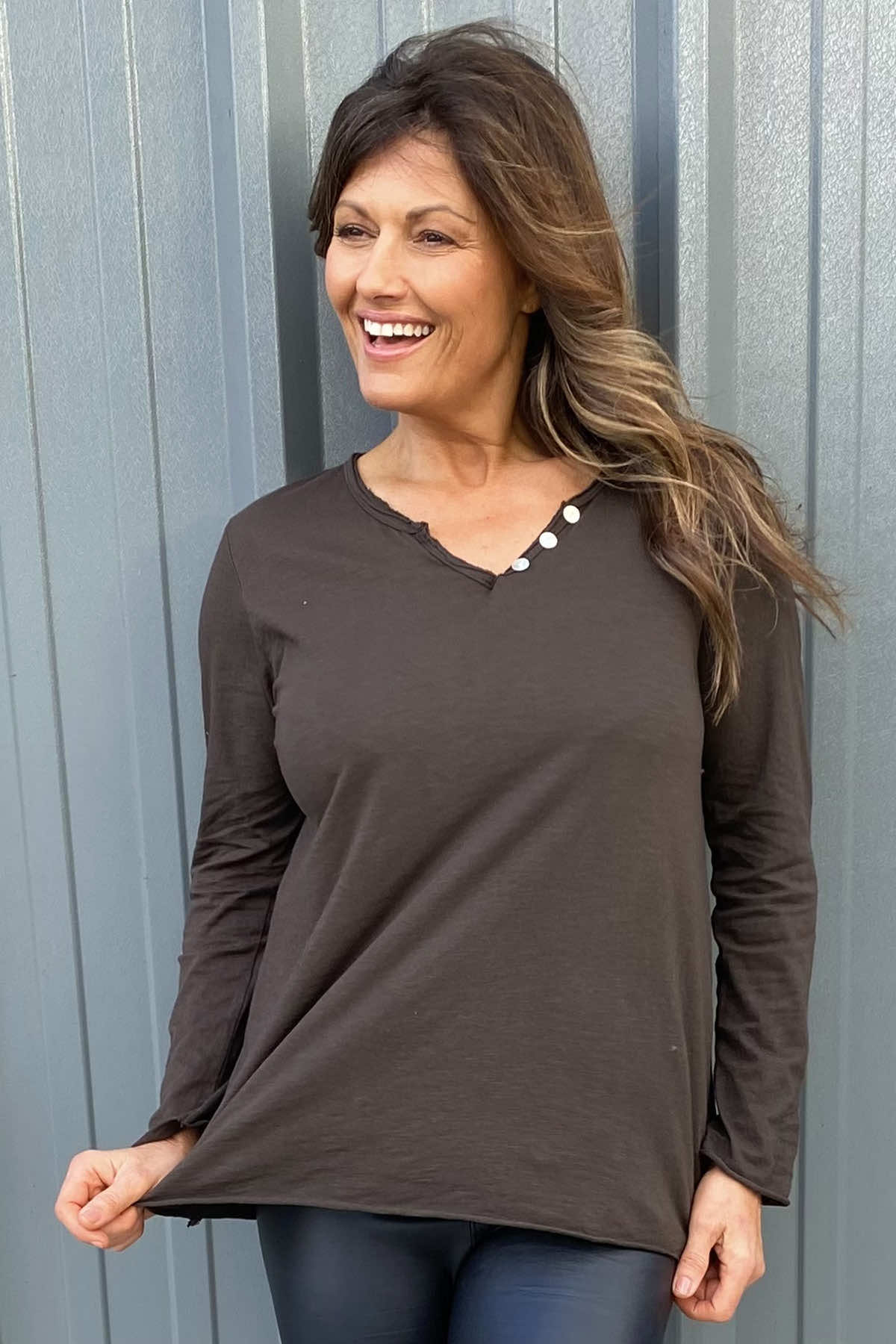 Briella V-Neck Cotton Top Cocoa