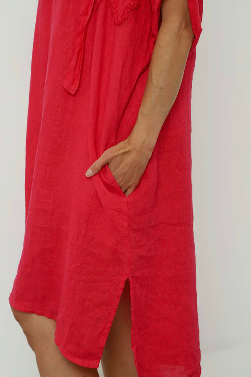 Carlina Hooded Flower Detail Linen Dress Fuchsia - Image 3