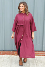 Sienna Button Linen Dress Burgundy Burgundy - Sienna Button Linen Dress Burgundy