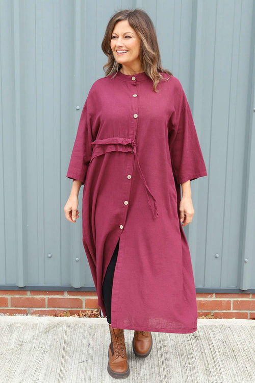 Burgundy Sienna Button Linen Dress UK | Made In Italy