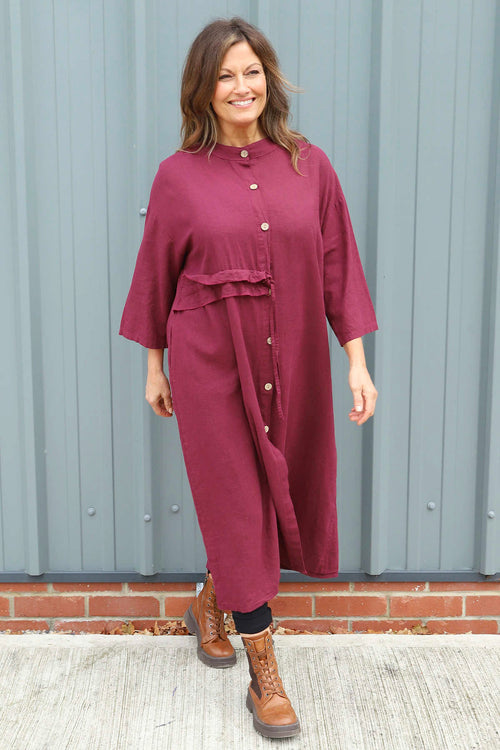 Sienna Button Linen Dress Burgundy - Image 2