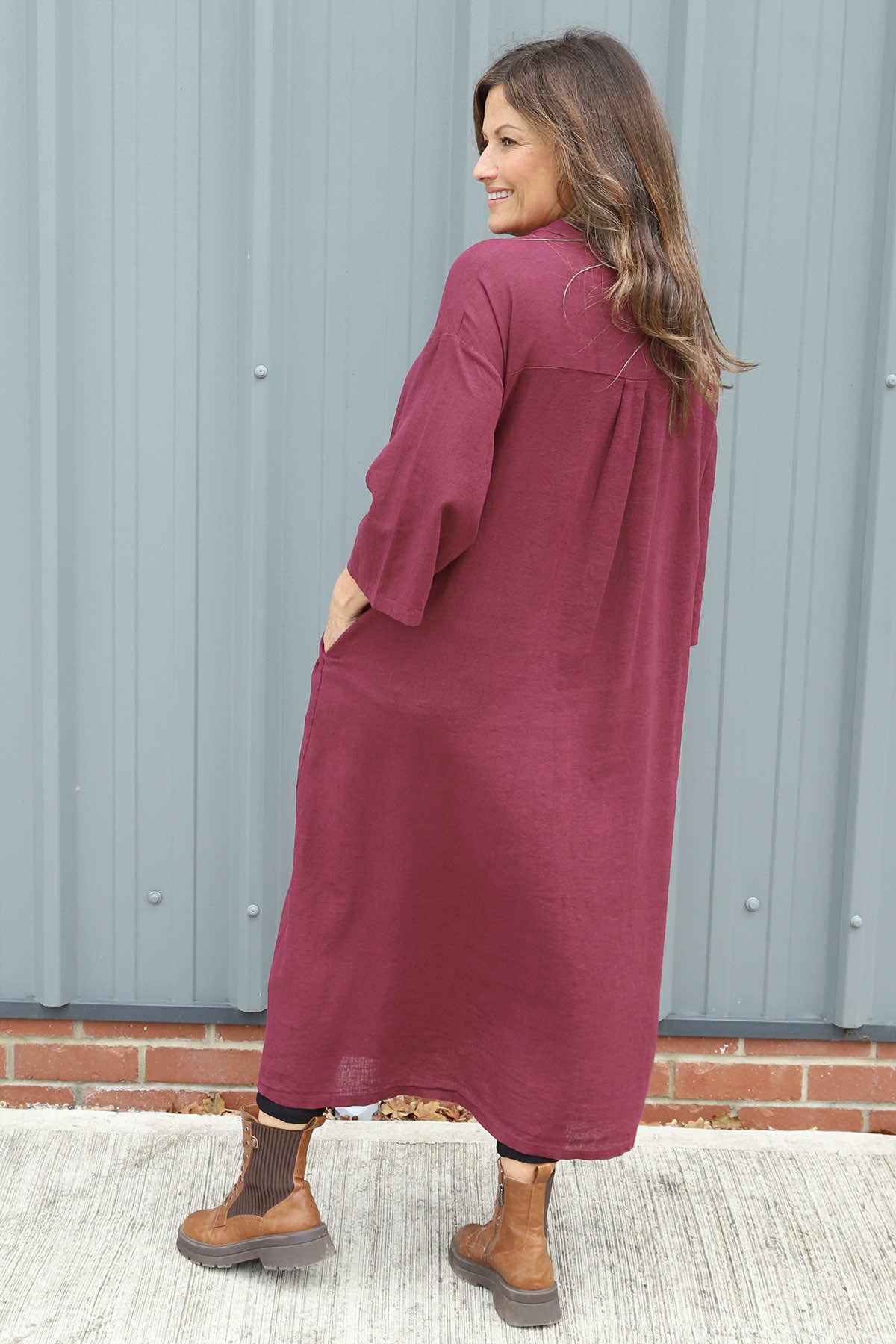 Sienna Button Linen Dress Burgundy