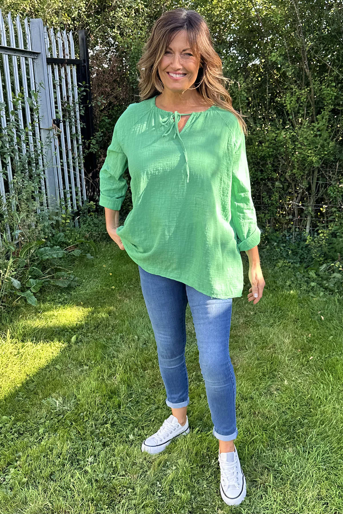 Nicole Tie Neck Cotton Top Green