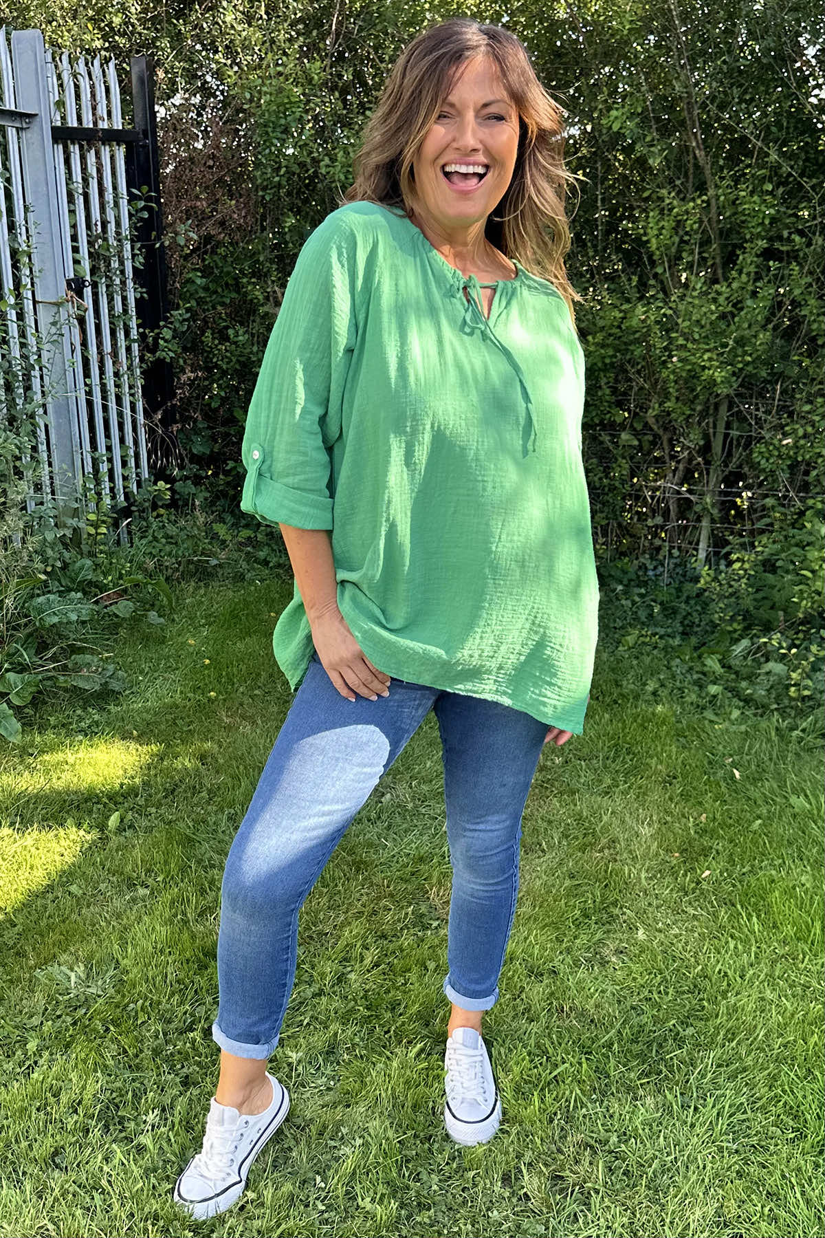 Nicole Tie Neck Cotton Top Green