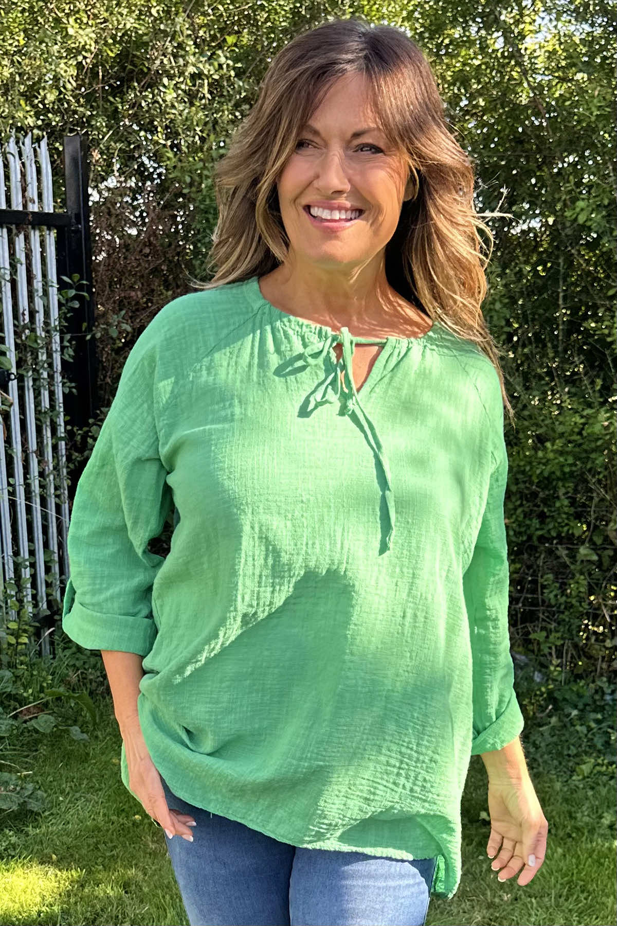 Nicole Tie Neck Cotton Top Green