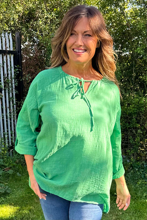 Nicole Tie Neck Cotton Top Green - Image 3