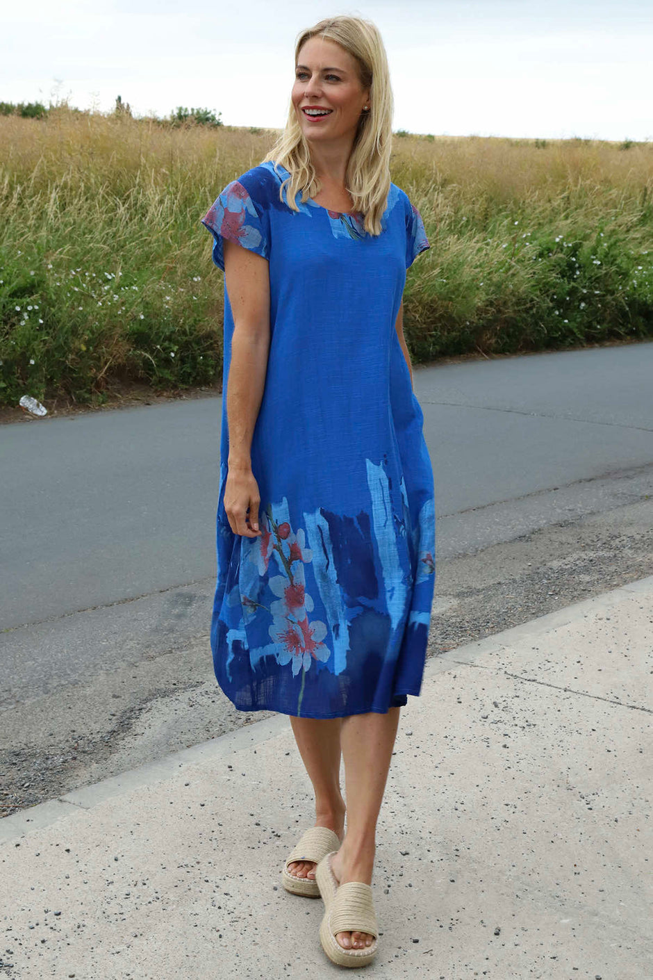 Mabel Floral Cap Sleeve Cotton Dress Cobalt