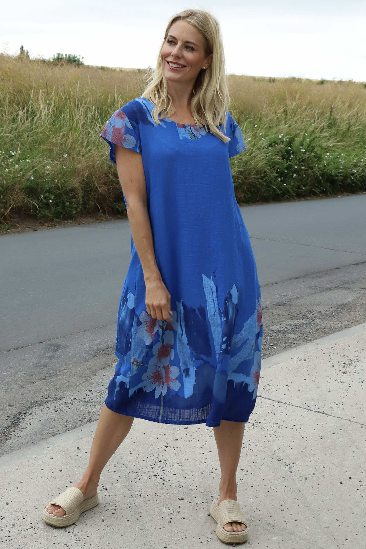 Mabel Floral Cap Sleeve Cotton Dress Cobalt