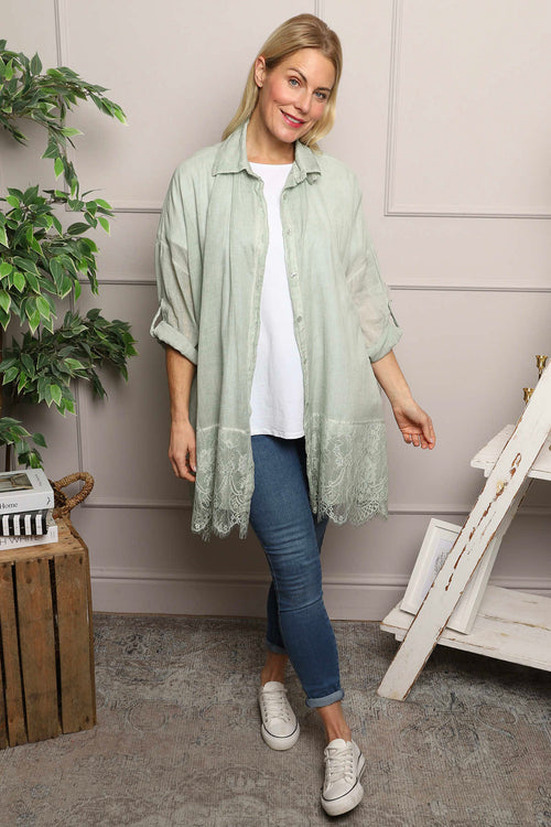 Reban Lace Trim Cotton Shirt Khaki - Image 2