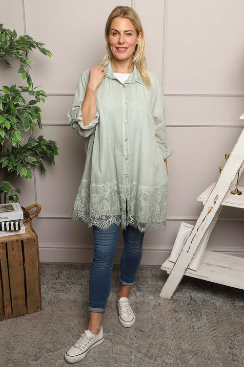 Reban Lace Trim Cotton Shirt Khaki - Image 1
