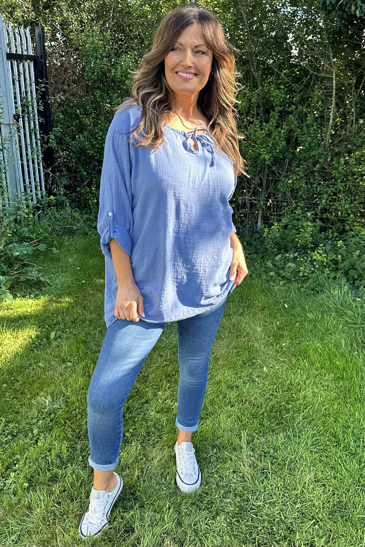 Nicole Tie Neck Cotton Top Blue