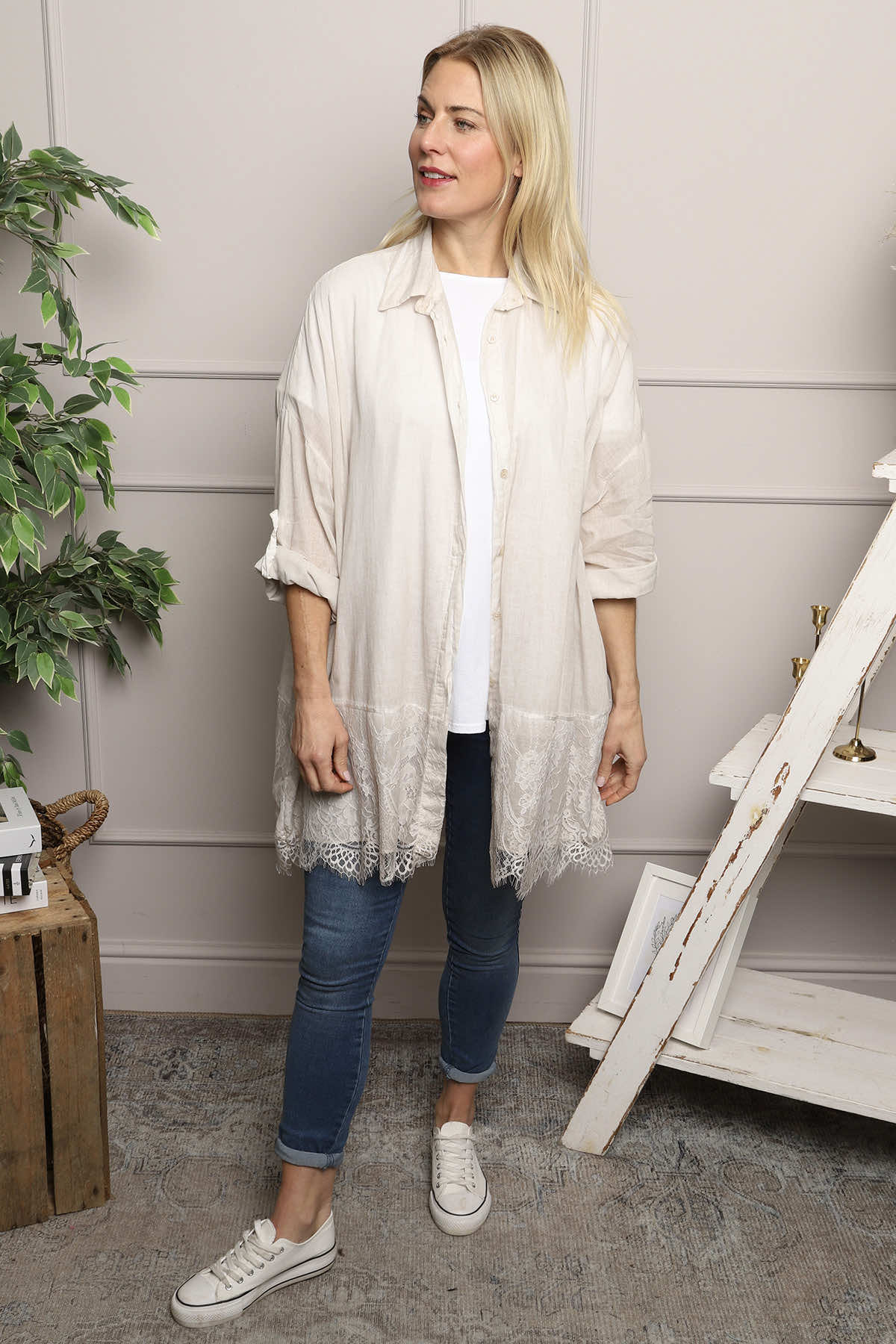 Reban Lace Trim Cotton Shirt Stone