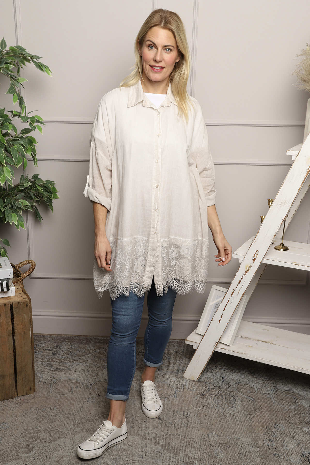 Reban Lace Trim Cotton Shirt Stone