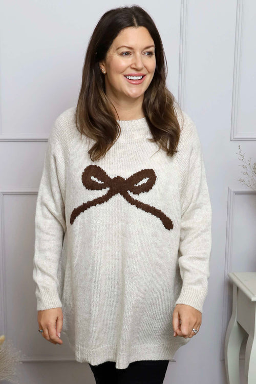 Melinda Bow Knitted Jumper Stone - Image 1