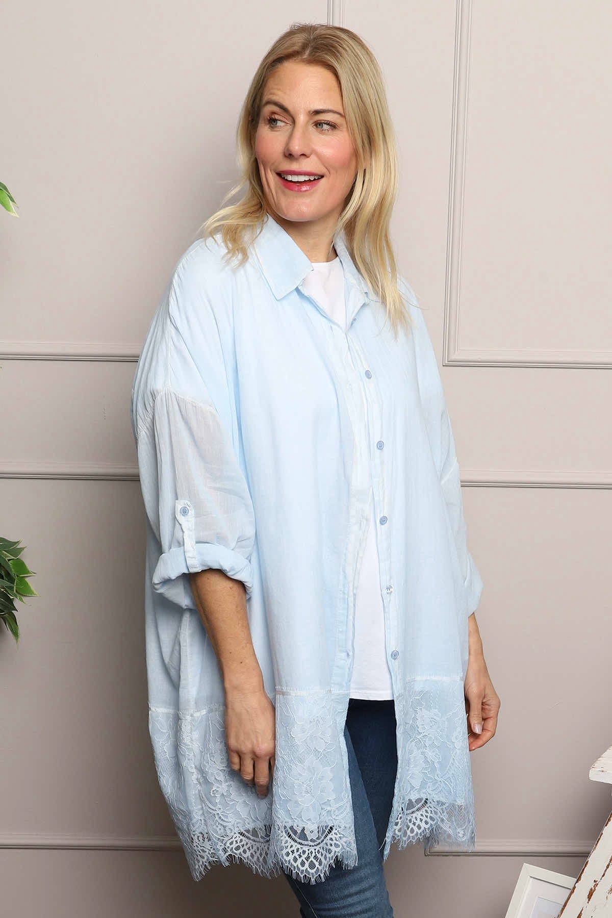Reban Lace Trim Cotton Shirt Light Blue