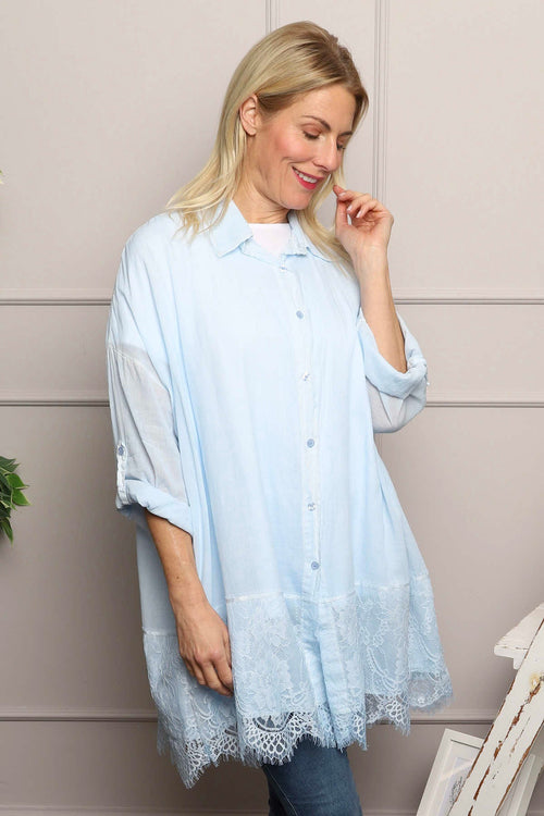 Reban Lace Trim Cotton Shirt Light Blue - Image 4