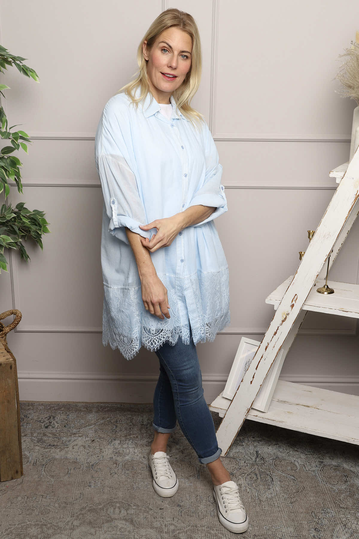 Reban Lace Trim Cotton Shirt Light Blue