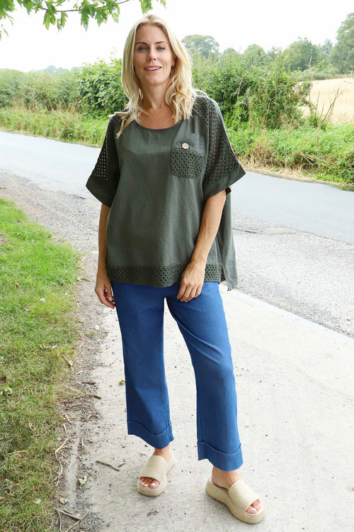 Kristiana Crochet Detail Linen Top Dark Khaki - Image 2