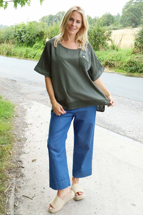 Kristiana Crochet Detail Linen Top Dark Khaki - Image 3