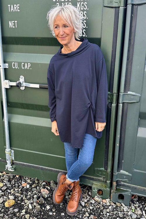 Brianna Cowl Neck Cotton Top Navy