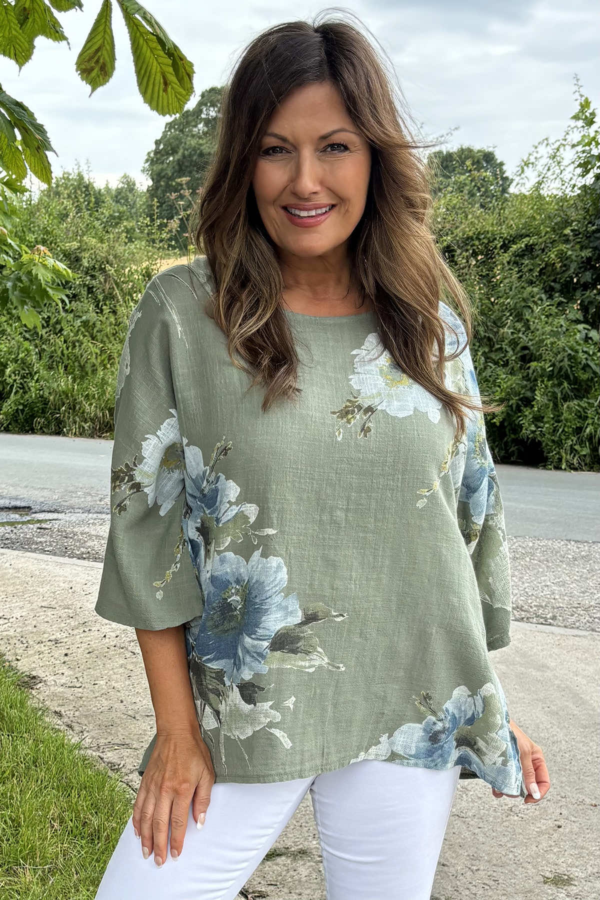 Alba Floral Print Top Khaki