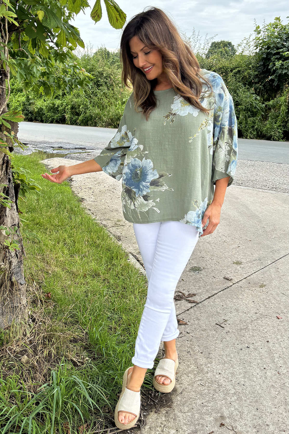 Alba Floral Print Top Khaki