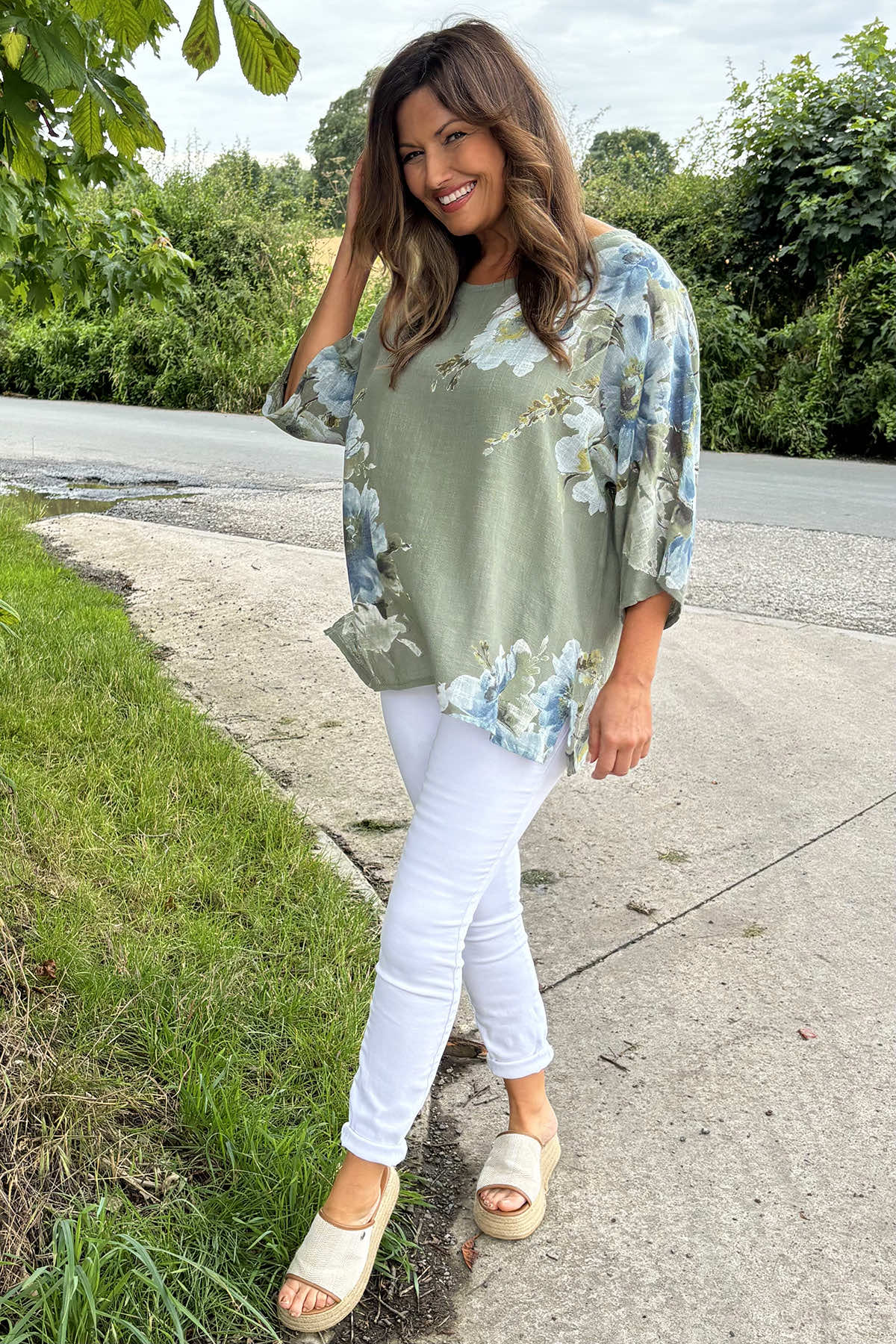 Alba Floral Print Top Khaki