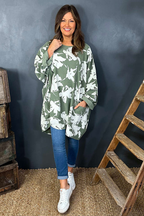 Connie Floral Print Cord Oversized Top Khaki