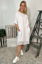 Lennon Rosette Linen Dress White White - Lennon Rosette Linen Dress White