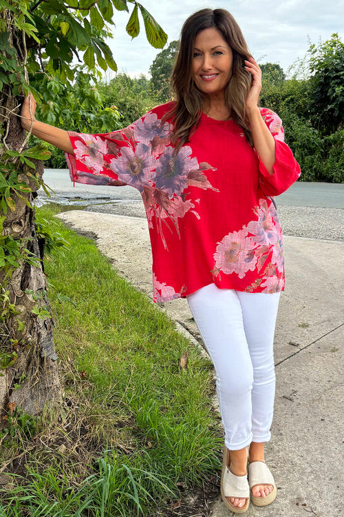 Alba Floral Print Top Red