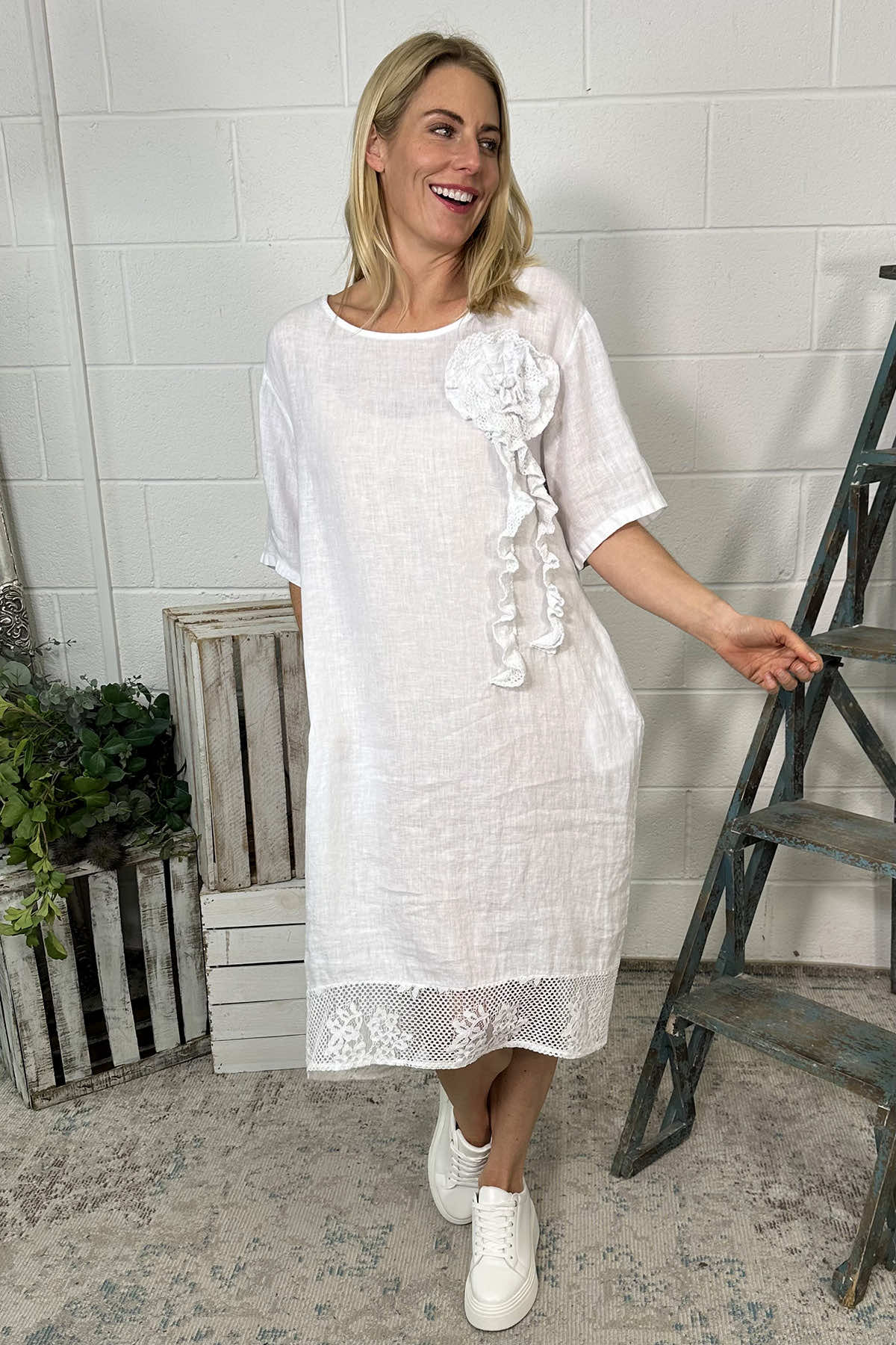 Lennon Rosette Linen Dress White